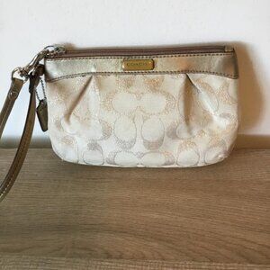 Coach Signature C Gold and Cream Wristlet on Fabric Exterior w/ Leather Trim